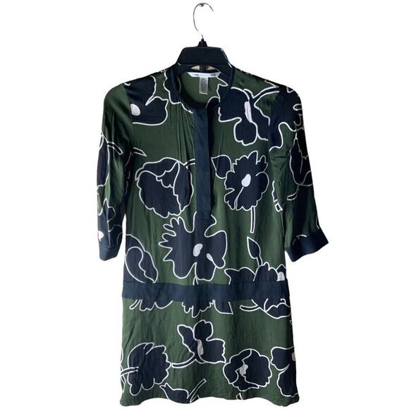 Diane Von Furstenberg Silk Shift Dress Size 4 3/4 Sleeve Floral Print Green - Picture 3 of 9